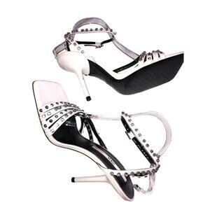 Zara Studded High Heel Sandals Size 38 White Silver Crystals Square Toe 7.5 US